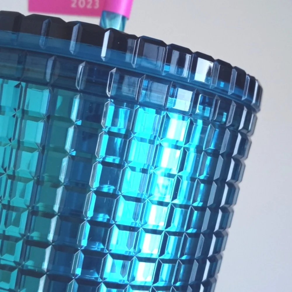 Starbucks Ombre Blue Pink Grid 24 oz Cold Cup Summer Bling Tumbler w Lid Straw